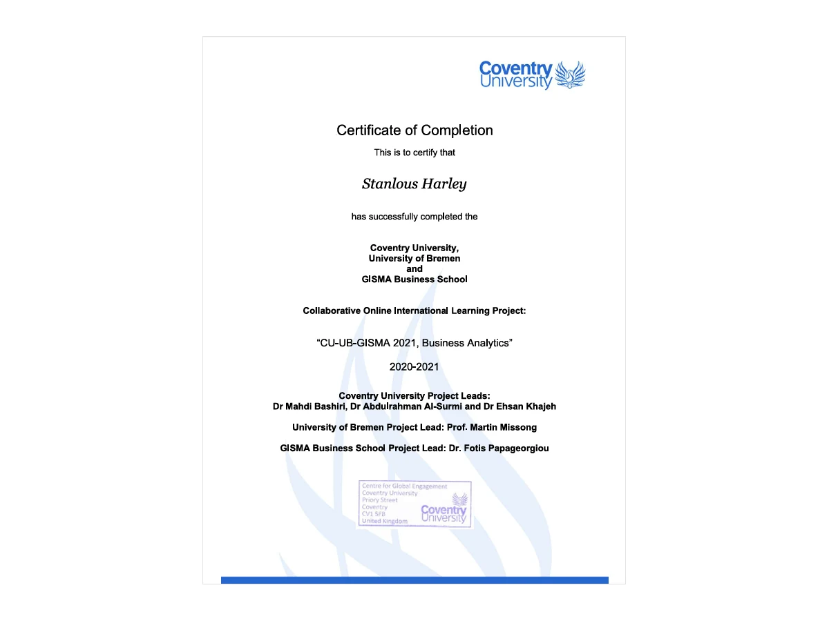 Business Analytics 2021 — COIL certificate