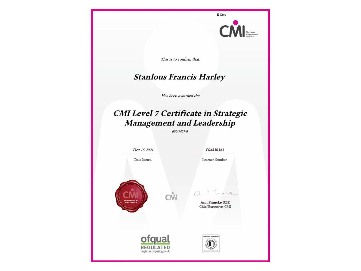 CMI Level 7 Certificate in Strategic Management & Leadership certificate