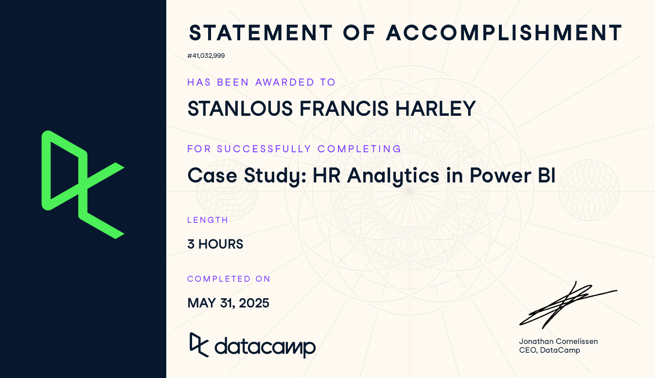DataCamp statement of accomplishment for Stanlous Francis Harley, Case Study: HR Analytics in Power BI, 31 May 2025