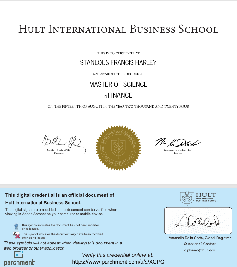 Hult MSc Finance certificate