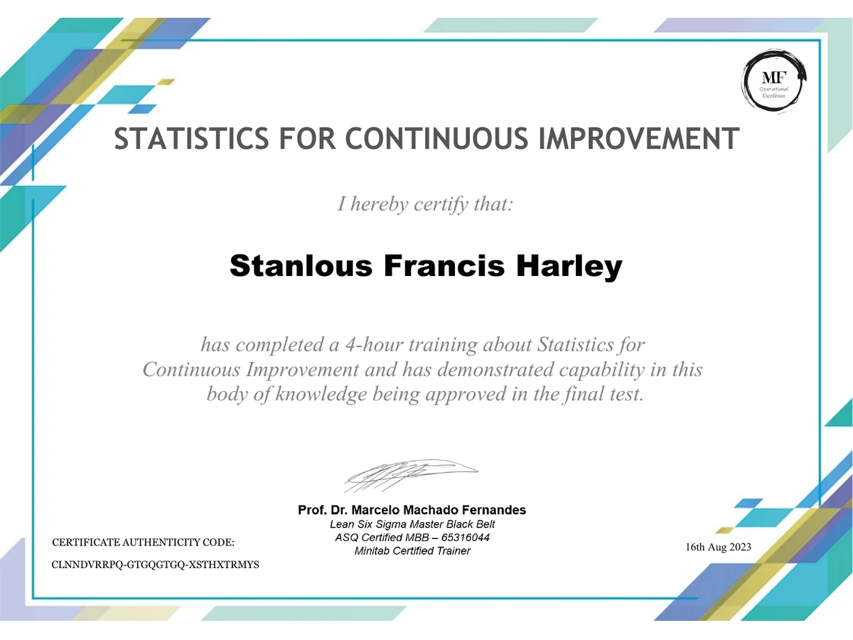 Statistics for Continuous Improvement certificate