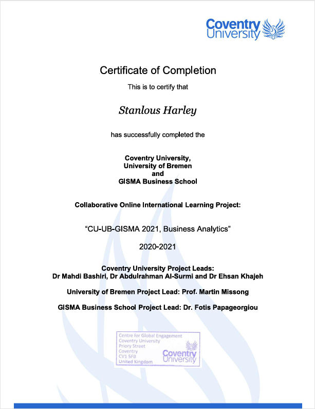 Coventry University certificate of completion for Collaborative Online International Learning project
